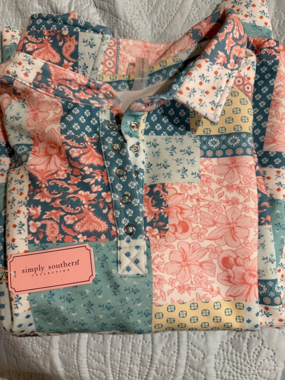 Simply Southern Patchwork Floral Popover in Teal, Coral, and Cream - Picture 2 of 5